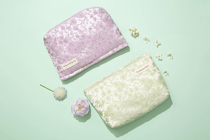The Summer Swan | Floral Cosmetic Bag｜Large Aesthetic Personal Item Bag | Preppy Travel Makeup Pouch | Skincare Bag (Embroidery Light Purple)