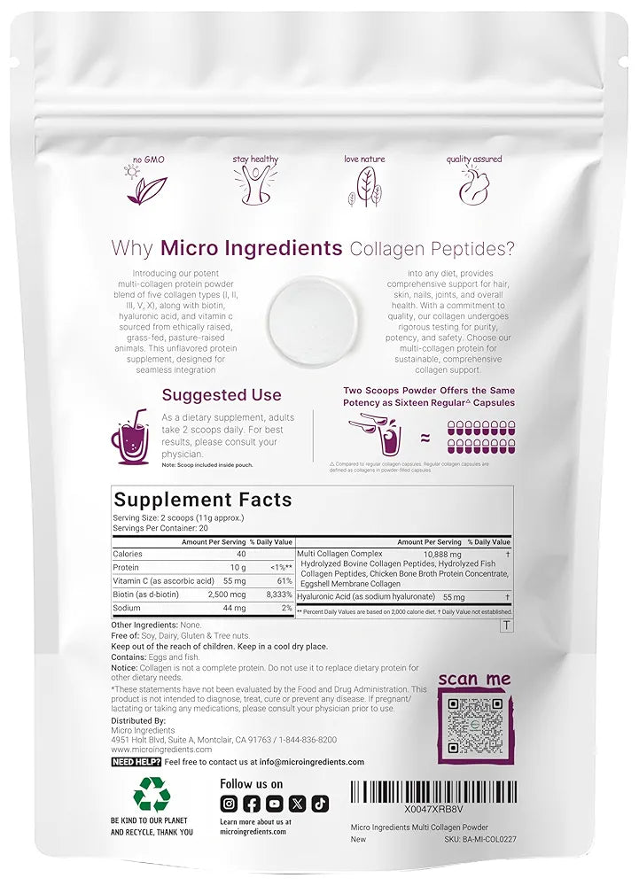 Micro Ingredients Multi Collagen Peptides Powder, 8oz | Type I, II, III, V, X + Biotin, Vitamin C & Hyaluronic Acid | Unflavored | Supports Hair, Skin & Joint Health | Keto, Non-GMO