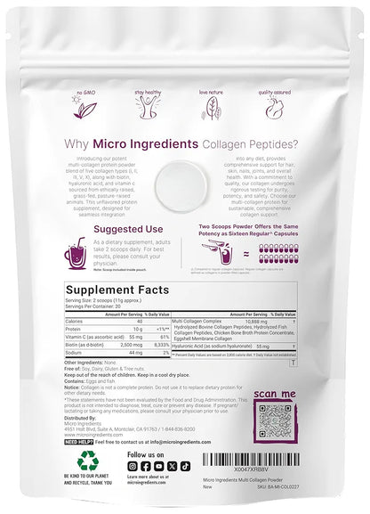 Micro Ingredients Multi Collagen Peptides Powder, 8oz | Type I, II, III, V, X + Biotin, Vitamin C & Hyaluronic Acid | Unflavored | Supports Hair, Skin & Joint Health | Keto, Non-GMO