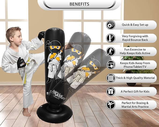 Punching Bag for Kids - 5' 3" Tall and Stable - Ninja Kids Inflatable Punching Bag Combo Kit with Kids Boxing Gloves, a Pump and Repair Kit. Boxing Bag for Immediate Bounce Back