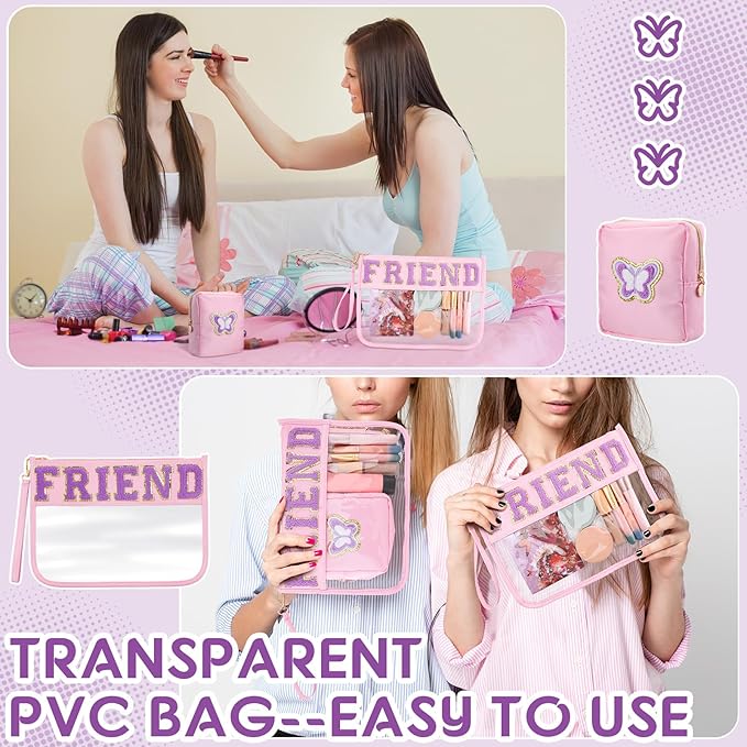 Hillban 2 Pcs Friends Makeup Cosmetic Bag Friendship Gifts for Women Chenille Letter Bag Clear Toiletry Pouch Travel Purse with Zipper Friendsgiving Birthday Gift