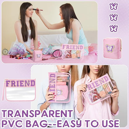 Hillban 2 Pcs Friends Makeup Cosmetic Bag Friendship Gifts for Women Chenille Letter Bag Clear Toiletry Pouch Travel Purse with Zipper Friendsgiving Birthday Gift