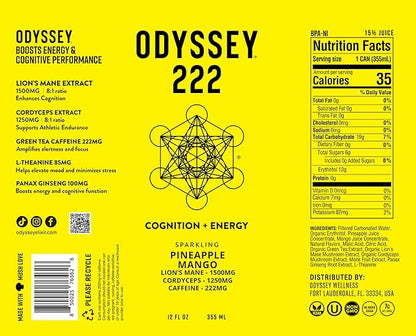Odyssey Elixir - Odyssey 222 - Sparkling Energy Drink - 222 mg of Caffeine - Lion's Mane & Cordyceps - Energy & Focus - Endurance & Stamina - Nootropic - Pre Workout - Pineapple Mango