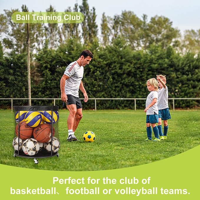 Sports Equipment Organizer for Garage, Mesh Ball Holder for Soccer, Basketball, Volleyball, Baseball, 48 Gals Ball Cart for Holding Ball, Rolling Sports Organizer, Black