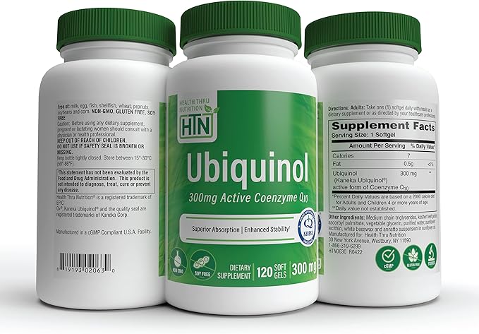 Health Thru Nutrition Ubiquinol 300mg 120 Softgels as Kaneka QH Reduced CoQ-10 | Stabilized - 3rd Party Tested | Enhanced Bioavailability | Cardiovascular & Mitochondria Function Support | Non-GMO