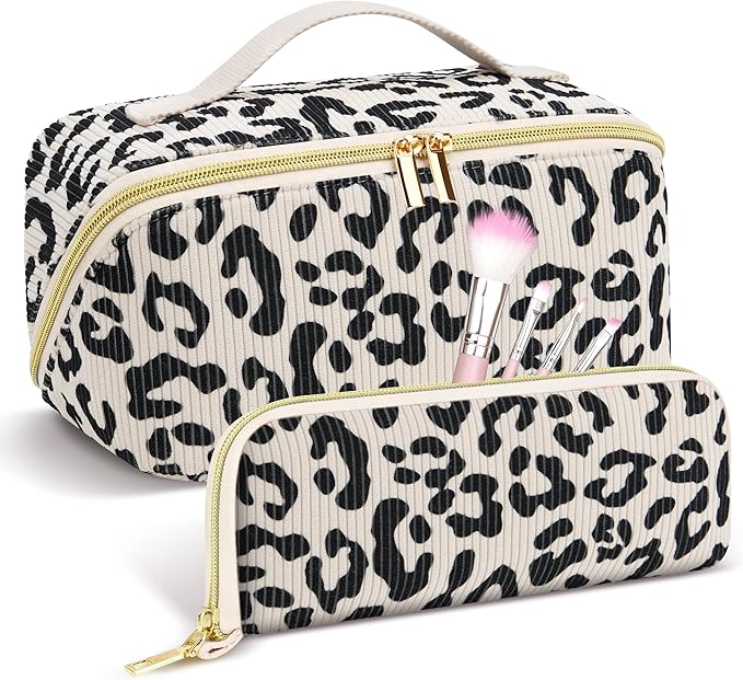 Travel Makeup Bag Set, 2Pcs Large Capacity Travel Make up Bag Corduroy Cosmetic Bag for Girls, Leopard Cute Toiletry Toiletry Bag for Women Wide Open Portable Cotton Stuff Bag with Divider & Handle