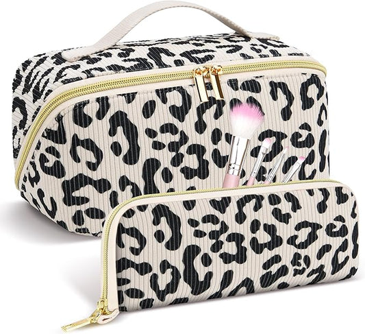 Travel Makeup Bag Set, 2Pcs Large Capacity Travel Make up Bag Corduroy Cosmetic Bag for Girls, Leopard Cute Toiletry Toiletry Bag for Women Wide Open Portable Cotton Stuff Bag with Divider & Handle