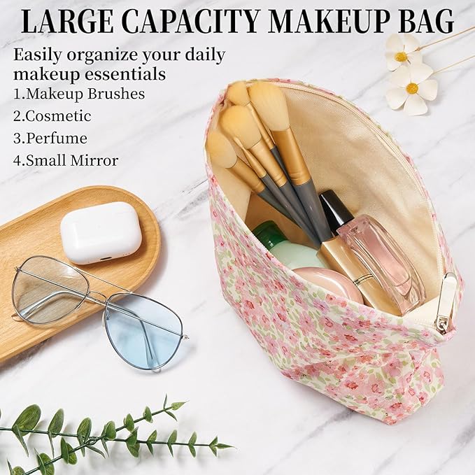 WOZEAH Floral Makeup Bag for Purse Small Cosmetic Pouch,Stylish Zipper Make up Pouch Travel Canvas Toiletry Bags(Small Florals)