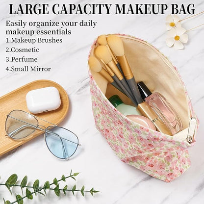 WOZEAH Floral Makeup Bag for Purse Small Cosmetic Pouch,Stylish Zipper Make up Pouch Travel Canvas Toiletry Bags(Small Florals)
