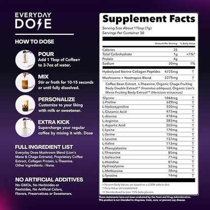 The Mushroom Coffee by Everyday Dose Premium Coffee Extract with Grass-Fed Collagen, Chaga, Lions Mane & L-Theanine for better Focus, Energy, Digestion and Immunity 30 Servings of Mushroom Coffee