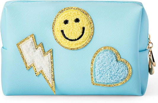 LieToi Preppy Patch Small Toiletry Bag, Smile Lightning Heart PU Leather Portable Waterproof Makeup Cosmetic Bag Daily Use Storage Purse Travel Organizer Compliant Bag for Women Girls (Canal Blue)