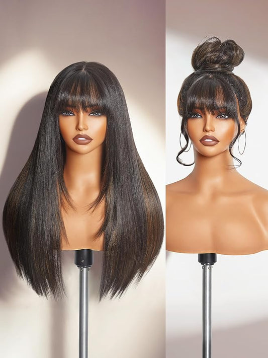 GORGIUS Straight Glueless Wig with Bangs Highlight Brown Layered Hair Ready-to-Go Synthetic Bang Wigs with Realistic Scalp 24 Inch