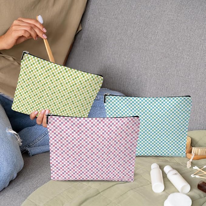 3pcs Cosmetic Bags for Women Makeup Bag, Bachelorette Party Favors Christmas Birthday Friendship Gifts for Women Girls Best Friends Bestie Travel Toiletry Bag Skin Care Bag, Blue Purple Green Plaid