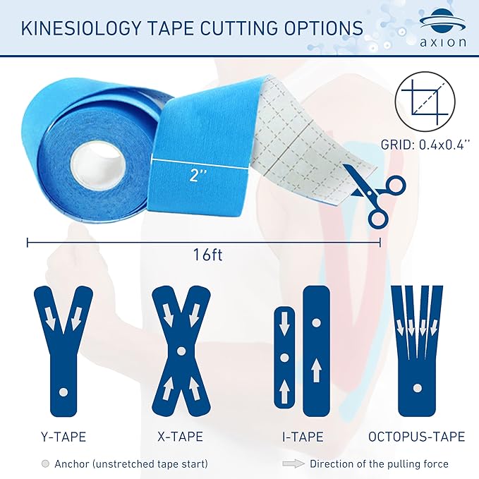 Kinesiology Tape Uncut | 2 Rolls of Athletic Sports Tape in Blue and Beige | 16ft Length and 2'' Width per Roll | Waterproof • Skin-Friendly • Elastic | Ideal for Sports | axion
