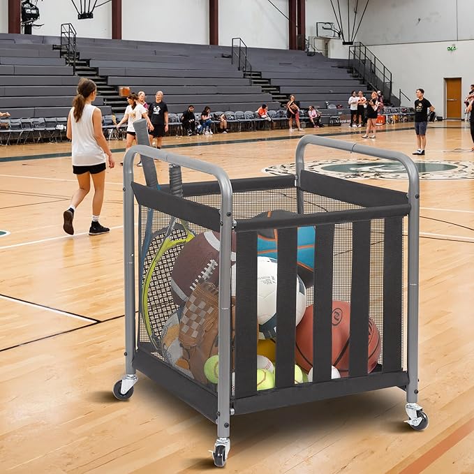 STORAGE MANIAC Ball Storage Bin Rolling Sports Ball Cart, Metal Garage Organizer Sport Rack Basketball Storage Cage for Garage or Gym, Indoor & Outdoor Sports Equipment Organizer