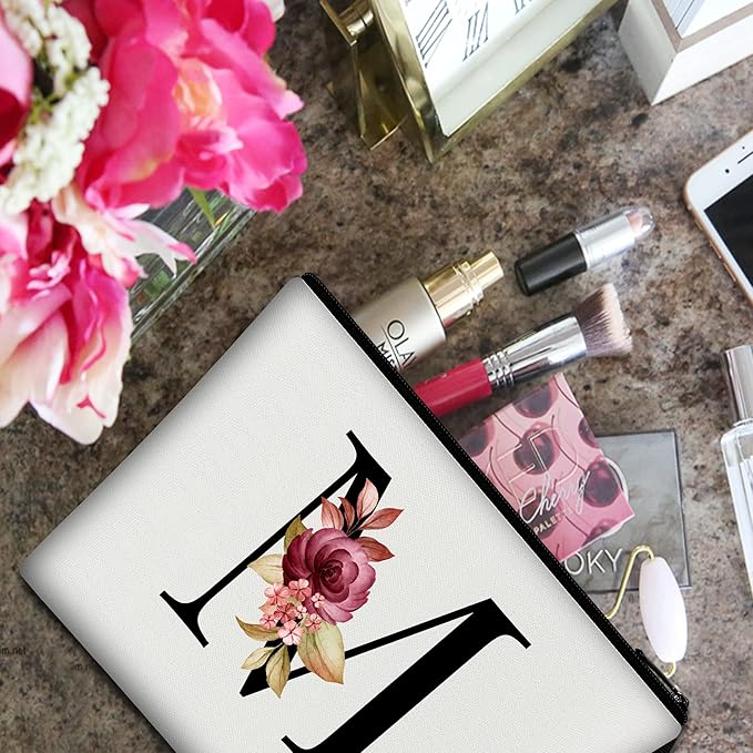 Vavabox A-Z Personalized Makeup Bag, Birthday Gifts for Women Mom, Gifts for Best Friend, Bride Bridesmaid Cosmetic bag (M, White)