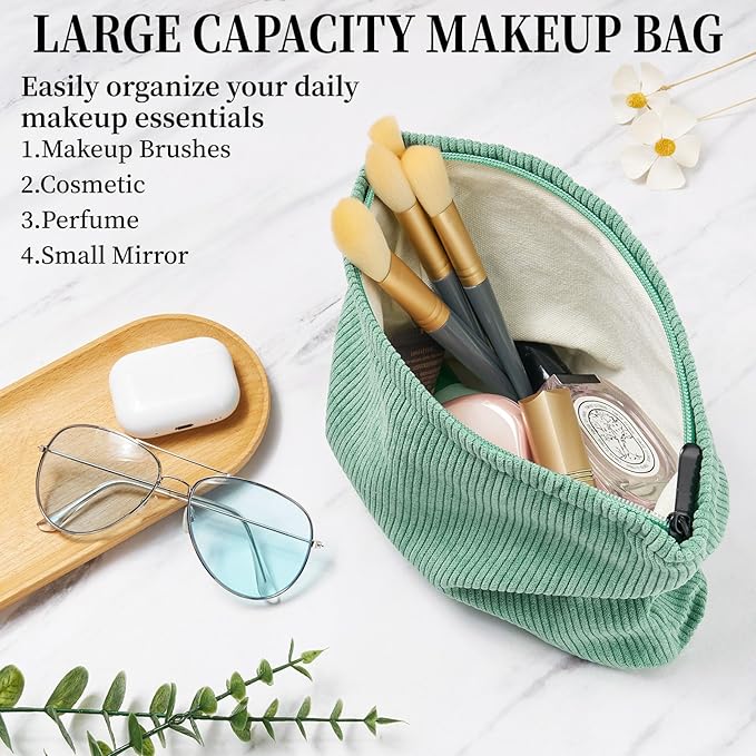 WOZEAH Corduroy Makeup Bag for Purse Small Cosmetic Pouch,Stylish Zipper Make up Pouch Travel Canvas Toiletry Bags(Corduroy Green)