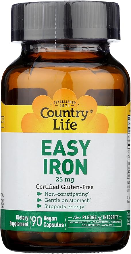 Country Life Easy Iron 25mg Capsules - Gentle Non-Constipating Ferrochel - Vegan Vitamin Supplement for Women & Men - Supports Body Energy - Multivitamin with Iron