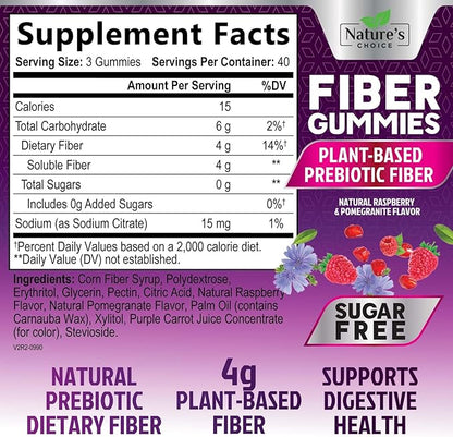 Sugar Free Fiber Gummies for Adults, Daily Prebiotic Natural Soluble Fiber Supplement & Digestive Health Support - Regularity & Digestion Health Support, Plant Based Berry Flavor - 120 Gummies