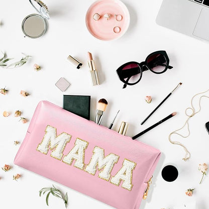 CY2SIDE MAMA Letter Makeup Bag - White Mama Chenille Letter Patch Cosmetic Bag Pink PU Leather Patch Travel Pouch Waterproof Portable Zipper Travel Organizer Case Christmas Idea Gifts for Mom Women
