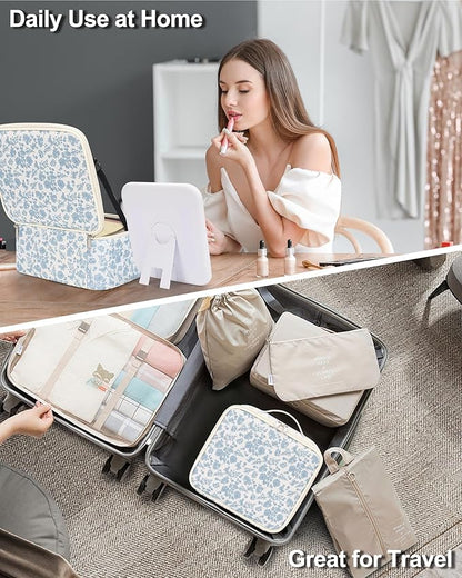 Chomeiu Makeup Bag with LED Mirror, Cute Cosmetic Bags Birthday Gifts for Girls Women, Makeup Train Case Artists Organizer Large Make Up Bags with Light Up Mirror 3 Color Lights, Floral Print