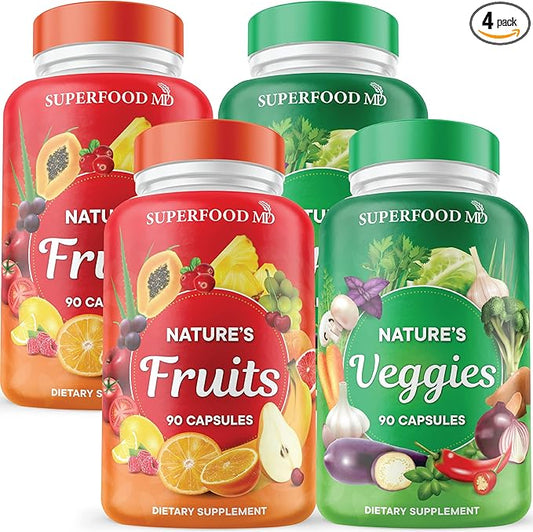 Superfood 180 Fruit and 180 Veggie Capsules -100% Whole Natural Superfood - Maintain Energy Levels, High Lycopene - Grown and Made in The USA (90 Count (Pack of 4)