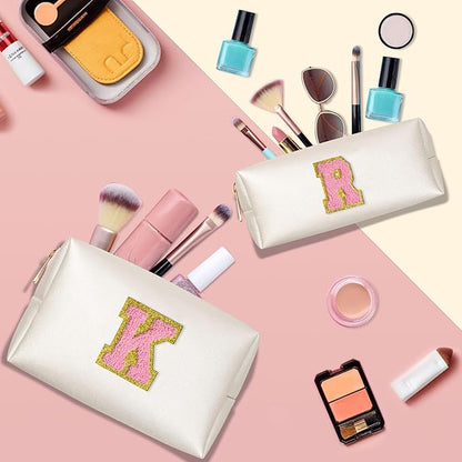 TOPEAST Easter Basket Stuffers for Kids Teen Girls - Initial Makeup Bag with Zipper, 2 PCS Makeup Pouch PU Leather Waterproof Travel Toiletry Bag for Women Girls (White A)