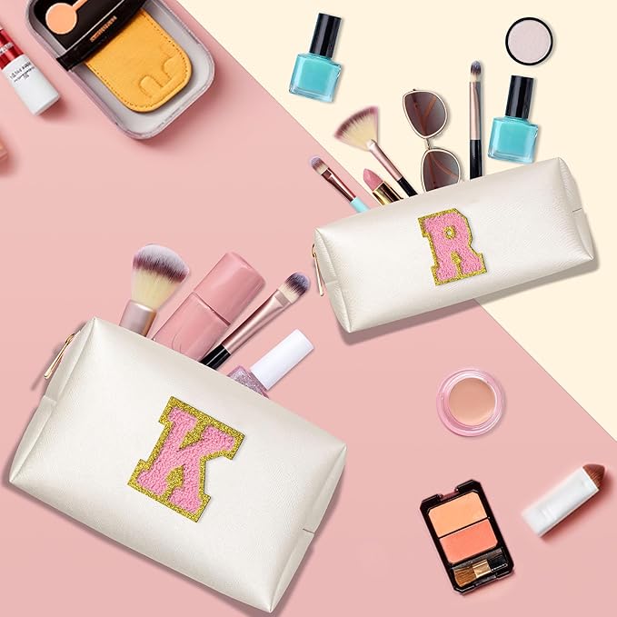 TOPEAST Monogrammed Gifts for Women, Personalized Initial Cosmetic Bag With Zipper, 2 PCS Makeup Pouch Makeup Organizer Bag PU Leather Waterproof Preppy Makeup Bag For Women, White E