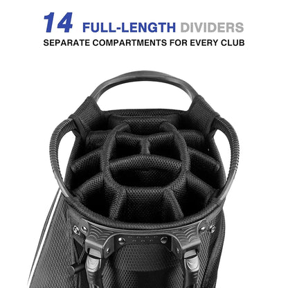Golf Stand Bag 14 Way Top Dividers Full-Length with Stand, 8 Pockets, Cooler Pouch, Waterproof Golf Bag for Men, Dual Strap, Rain Hood