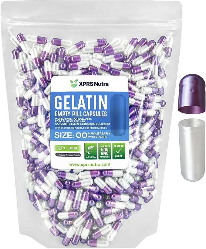 XPRS Nutra Size 00 Empty Capsules - 1000 Count Empty Gelatin Capsules - Empty Pill Capsules - DIY Capsule Filling - Fillable Pill Capsules Empty Gel Caps (Pearl Purple/White)