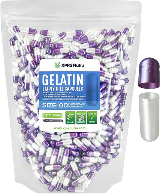 XPRS Nutra Size 00 Empty Capsules - 1000 Count Empty Gelatin Capsules - Empty Pill Capsules - DIY Capsule Filling - Fillable Pill Capsules Empty Gel Caps (Pearl Purple/White)