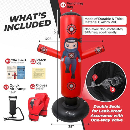 PUNCHO Inflatable Punching Bag for Kids - 63" Kid Boxing Bag Set - Karate Gifts for Boys and Girls Age 3-12 - Kids Punching Bag & Birthday Gift with Boxing Gloves, Air Pump, eBook - Ninja Kid Toys