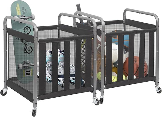 STORAGE MANIAC Ball Storage Bin Rolling Sports Ball Cart, Metal Garage Organizer Sport Rack Basketball Storage Cage for Garage or Gym, Indoor & Outdoor Sports Equipment Organizer