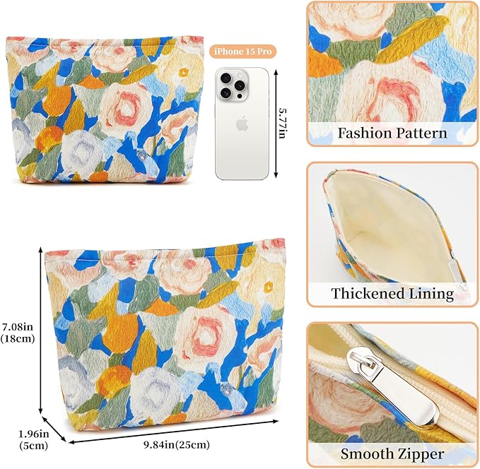 WOZEAH Floral Makeup Bag for Purse Small Cosmetic Pouch,Stylish Zipper Make up Pouch Travel Canvas Toiletry Bags(Painting Flower 2)
