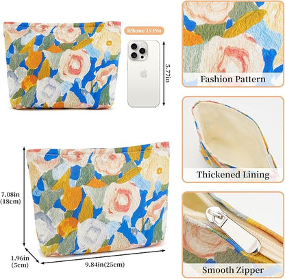 WOZEAH Floral Makeup Bag for Purse Small Cosmetic Pouch,Stylish Zipper Make up Pouch Travel Canvas Toiletry Bags(Painting Flower 2)
