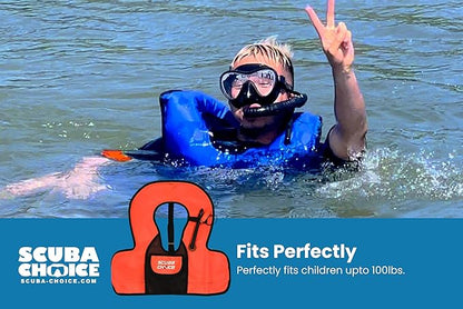 Scuba Choice Kids Snorkel Vest with Front Pocket & Whistle, Orange – Adjustable, Lightweight, Inflatable Vests for Kids Up to 100lbs, Easy Oral Inflator, Removable Strap, Portable Water Safety Gear