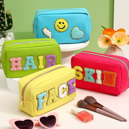 Sanwuta 4 Pcs Hair Face Skin Travel Bag Set Preppy Makeup Pouch PU Leather Skincare Bag Waterproof Cosmetic Organizer Birthday Christmas Gifts(Yellow, Blue, Green, Rosy,Fresh Style)