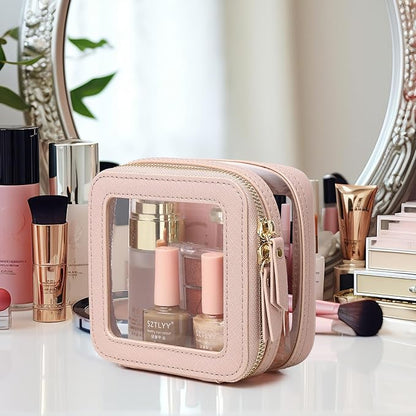 Small Makeup Bag Clear Mini Cosmetic Makeup Case & Toiletry Bag with Zipper Women's Purse Organizer & Car Essentials (Pink, MINI-2)