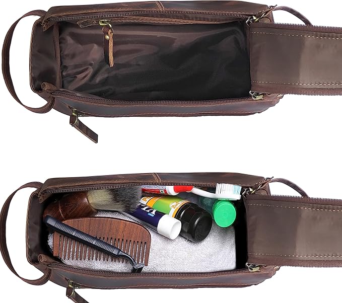 RUSTIC TOWN Buffalo Leather Toiletry Bag : Vintage Travel Shaving & Dopp Kit : for Toiletries, Cosmetics & More : Spacious Interior & Waterproof Lining : Compact, Fits Easily in Luggage