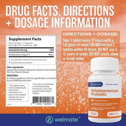WELMATE Bifidobacterium | Probiotic Supplement | Supports Gut Health | Immune Support | Digestive Enzymes | Gluten Free | Vegan | Men & Womens Probiotic | Value Size | 200 Count