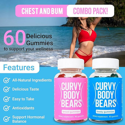 Bum & Chest Combo Pack Gummies for Women | Workout Aid | Fitness Supplement | with Essential Herbs, Vitamins, Multivitamins, Fenugreek, and Ginseng | Berry Flavored | (120 Gummies)
