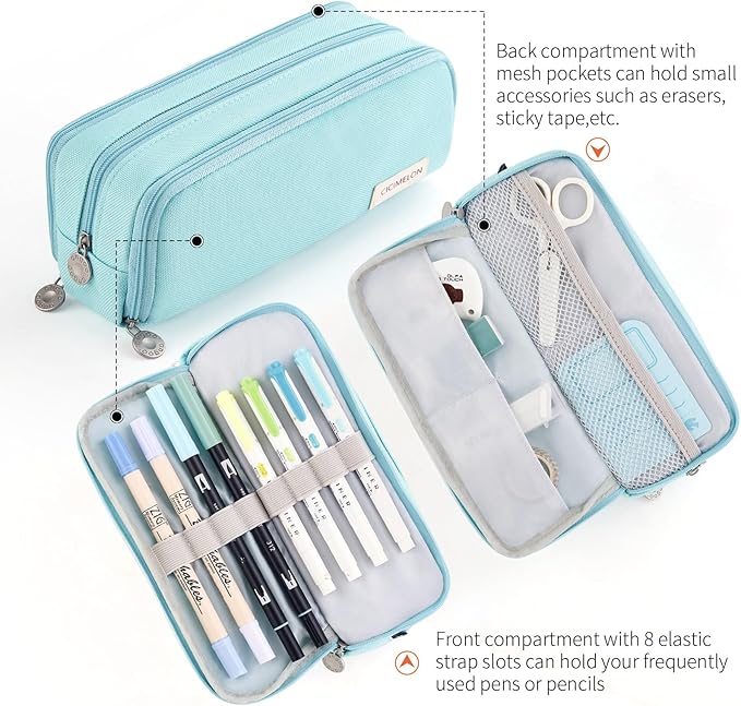 CICIMELON Pencil Case Large Capacity Pencil Pouch 3 Compartments Pencil Bag Gift for Students Girls Adults Women (Light Blue)