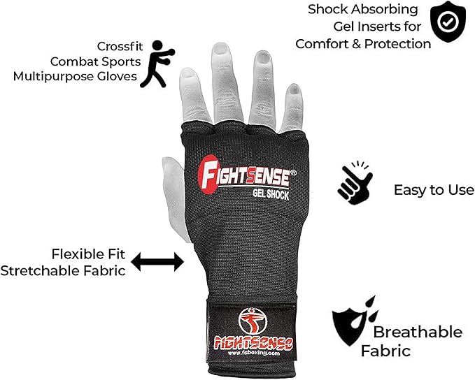 FIGHTSENSE Padded Gel Inner Boxing Gloves for Men and Women with Long Elasticated Hand Wraps for Punching, Boxing, MMA, Muay Thai, Kickboxing and Martial Arts Training (Pair)