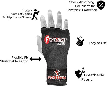 FIGHTSENSE Padded Gel Inner Boxing Gloves for Men and Women with Long Elasticated Hand Wraps for Punching, Boxing, MMA, Muay Thai, Kickboxing and Martial Arts Training (Pair)