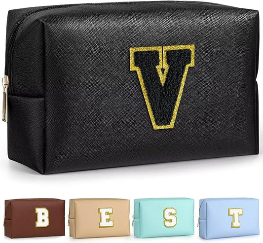 TOPEAST Initial Makeup Bags for Women, Personalized Portable Cosmetic Bag for Travel, Cute Makeup Pouch, PU Leather Waterproof Toiletry Bag, Preppy Things for Girl (Black V)