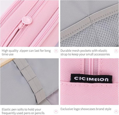 CICIMELON Big Capacity Pencil Case 3 Compartments Pen Pouch Bag Multifunctional Organizer for School Office, Rose Pink