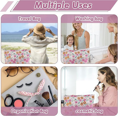 Daisy Flower Makeup Bag Travel Large Floral Cosmetic Bag for Women Cute Makeup Pouch Zipper Aesthetic Portable Toiletry Bags Skincare Organizer Bag Cosmetic Pouch for Purse(Orange and Pink)