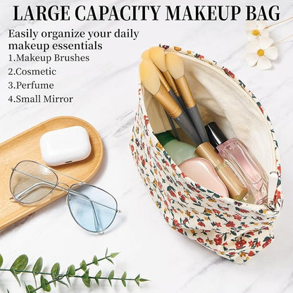 WOZEAH Floral Corduroy Makeup Bag for Purse Small Cosmetic Pouch,Stylish Zipper Make up Pouch Travel Canvas Toiletry Bags(Flower Branches 1)