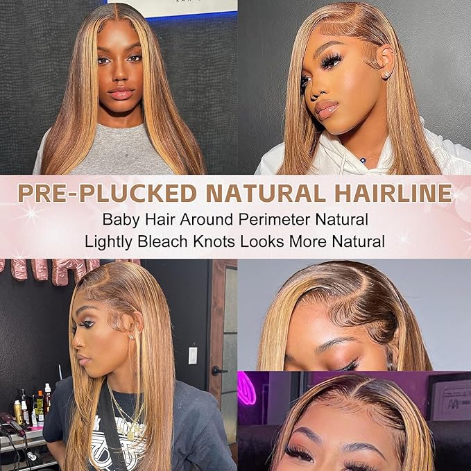 FABA Highlight Lace Front Wig Human Hair 32 Inch #4/27 Colored Lace Front Wig 13x4 HD Straight Human Hair 180% Density Ombre Brown with Human Hair Baby Hair
