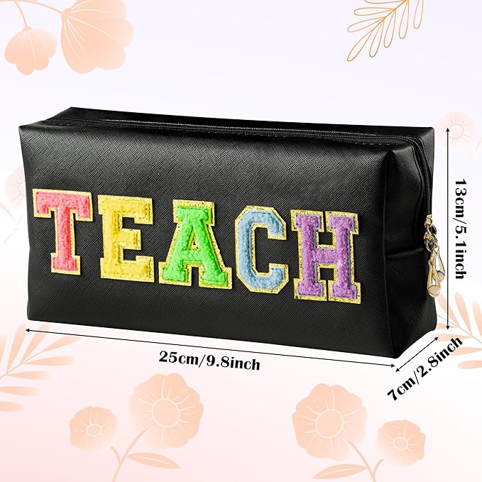 CY2SIDE Colorful TEACH Letter Patch Makeup Bag Black PU Leather Patch Cosmetic Bag with TEACH Chenille Letter for Travel Waterproof Portable Zipper Big Travel Organizer for Teacher Appreciation Gifts